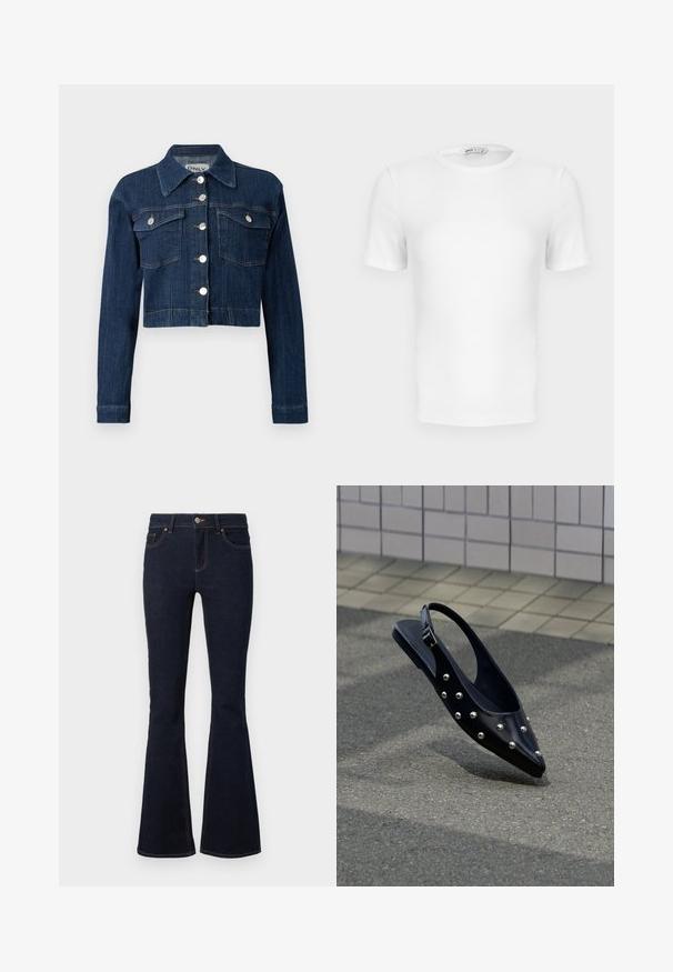 Donker denim cropped jack, met een puntige kraag, zilveren knopen en twee borstzakken met kleppen. Glad textuur met subtiele stikseldetails.; Witte korte mouwen geribde T-shirt met een ronde hals, een aangesloten pasvorm en een klein merklabel aan de binnenkant van de kraag.; Donkerblauwe uitlopende jeans van denim, met een aansluitende taille, klassiek vijf-pocketontwerp en contrasterende stiksels langs de naden.; Zwarte puntige slingback schoen met zilveren studs, zwevend boven asfalt bij een achtergrond van betegelde muur.