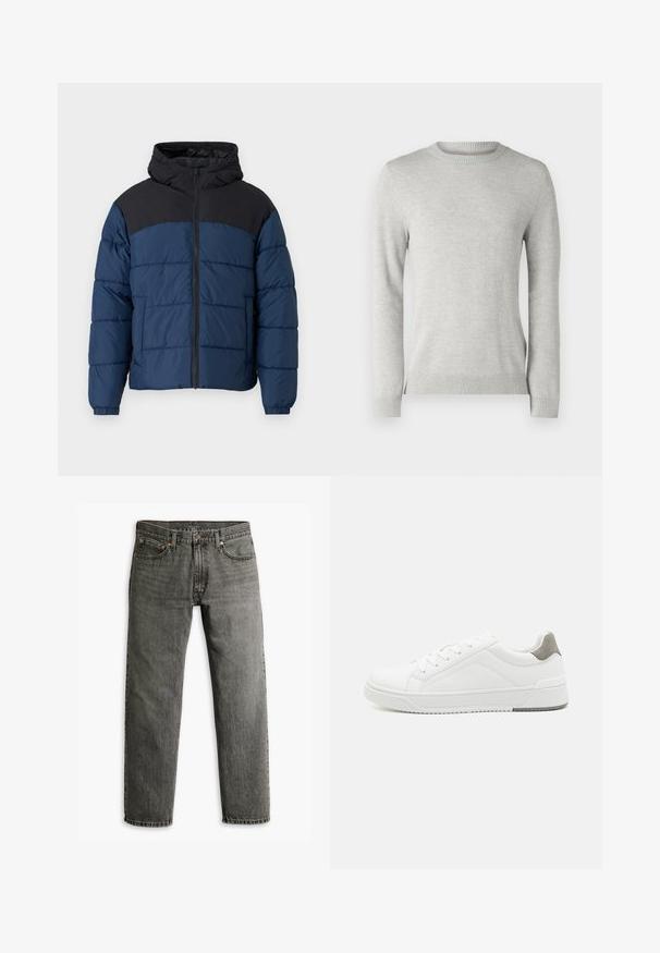 Abrigo acolchado azul marino con hombros negros, que presenta una cremallera frontal, capucha y puños elásticos. Material impermeable con textura acolchada.; Suéter de punto gris claro con un escote redondo, mangas largas, patrón texturizado y puños y dobladillo acanalados. Tejido suave y transpirable.; Jeans de mezclilla gris con un diseño de pierna recta, estilo clásico de cinco bolsillos y un sutil detalle de costura en las costuras y los bolsillos.; Zapatilla blanca con material de cuero liso, punta redonda, diseño minimalista, acento gris en el talón y suela de goma texturizada.