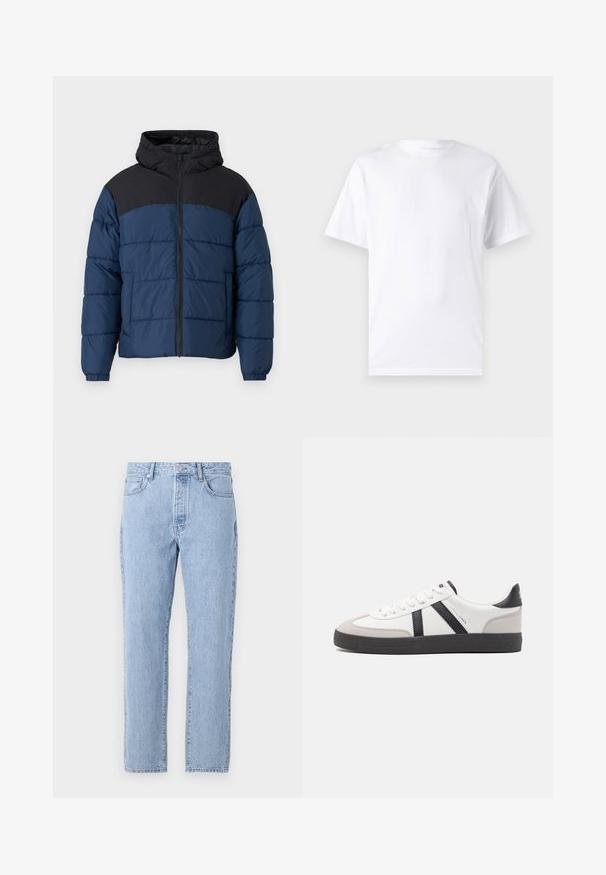 Abrigo acolchado azul marino con hombros negros, que presenta una cremallera frontal, capucha y puños elásticos. Material impermeable con textura acolchada.; Camiseta blanca de manga corta hecha de algodón con cuello redondo, que presenta una textura suave y un diseño simple sin patrones ni acentos.; Vaqueros de mezclilla de color azul claro con un diseño de pierna recta, cinco bolsillos y cierre de botones. Textura suave con un acabado clásico descolorido.; Zapatilla blanca con acentos en negro y gris, que presenta una puntera texturizada en gris, suela de goma negra y cordones planos blancos. Diseño limpio, estilo minimalista.
