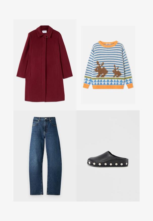 Bordeaux uldfrakke med et lige design, langærmede, sidelommer og en spids krave. Har en lukning med klap foran.; Børns langærmede strikkede sweater med blå og hvide striber, orange krave og manchetter, brune kaninmotiver og blåt trekantsmønster.; Blå denimjeans med høj talje, lige ben design, synlige syninger, fem lommer og knaplukning. Klassisk mørk vask finish.; Sort lædertræsko med rundet tå og flad sål, der har hævede hvide nitter langs siderne som dekorativ detalje.