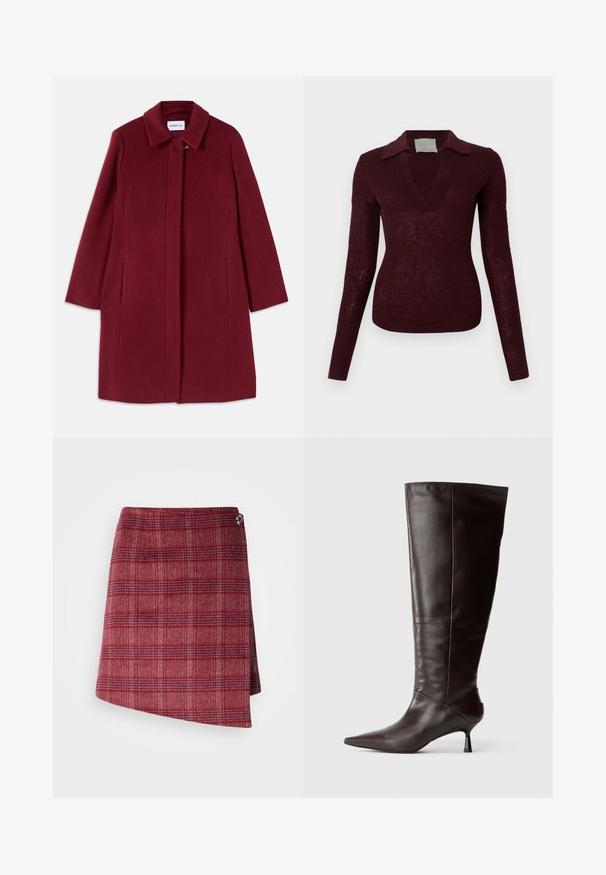 Manteau en laine bordeaux avec un design droit, manches longues, poches latérales et un col cranté. Présente une fermeture à agrafe à l'avant.; Pull en maille bordeaux foncé à manches longues, col en V large et col plat, silhouette ajustée sur fond blanc.; Jupe miniskirt à carreaux rouges en mélange de laine texturé. Présente un design en drapé et un détail argenté à la taille.; Botte en cuir marron, hauteur genou, avec un bout pointu et un talon fin. Texture lisse et design élégant, arborant une silhouette minimaliste.