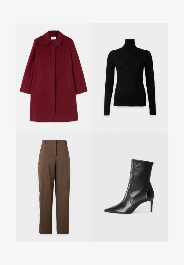 Bordeaux uldfrakke med et lige design, langærmede, sidelommer og en spids krave. Har en lukning med klap foran.; Sort ribbet langærmet rullekravesweater med tætsiddende silhuet på ensfarvet hvid baggrund.; Brune bukser med lige ben, bæltestropper og forlukning foran, vist mod en ensartet lys baggrund.; Sorte ankelstøvler lavet af glat læder, med spids tå, tætsiddende skaft og en slank høj hæl. Minimalistisk design uden synligt hardware.
