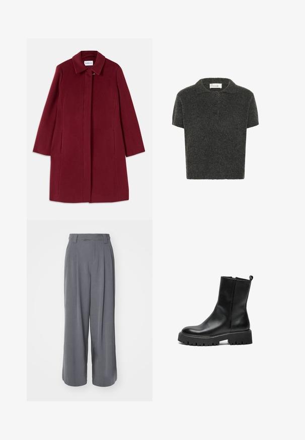 Burgundia villane jakk sirge disainiga, täispikkade varrukatega, küljetaskute ja lõikekaariga. Omab esitasku lukku.; My Essential Wardrobe MWPALOMA - Polosärk - dark grey melange; Hallid hallid laiad pükse sujuvast kangast, millel on kõrge vöökoht, plisseeringud ja kohandatud disain, ilma nähtavate mustrite või aktsentideta.; Must mustast saapad tumedast nahkainest, pakse kummist tallaga, ümarate varvastega ja tagaküljel tõmblau pael, et neid oleks lihtne jalga panna. Sile tekstuur, minimalistlik disain.