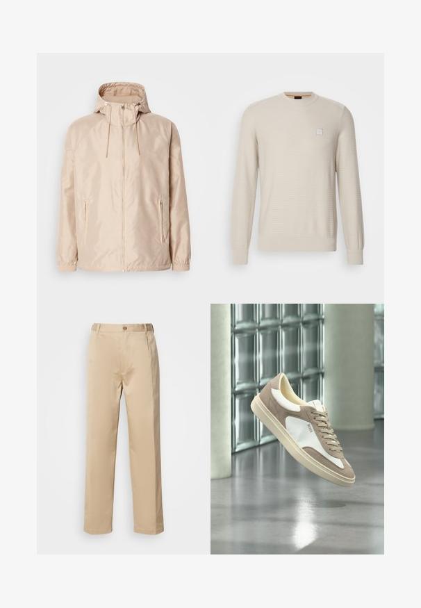 Béžová ľahká bunda s kapucňou, obsahujúca plný zips, dve bočné vrecká, elastické manžety a jemný embosovaný vzor s logom.; Svetlobežový sveter vyrobený z textilného materiálu. Má okrúhly výstrih, dlhé rukávy a malé štvorcové logo na hrudi.; Béžové nohavice vyrobené z ľahkého materiálu, s rovnou nohavicou, pásom s pútkami na opasok a jedným predným zapínaním na gombík.; Béžová a biela semišová teniska so šnúrkami a logom "BOSS", vznášajúca sa nad leštenou betónovou podlahou s pozadím zo sklenených blokov.