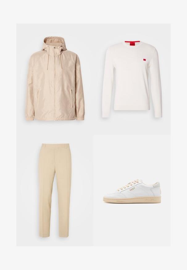 Beige Leichte Jacke mit Kapuze, ausgestattet mit einem durchgehenden Reißverschluss, zwei seitlichen Taschen, elastischen Bündchen und einem subtilen, geprägten Logo-Muster.; Weißer Rundhalsausschnitt-Pullover mit langen Ärmeln, aus weichem Stoff gefertigt. Verfügt über ein kleines rotes Logo-Patch auf der Brust und ein kontrastierendes rotes Etikett am Kragen.; Beige maßgeschneiderte Hosen mit geradem Bein, aus leichtem Stoff, mit zwei vorderen Taschen und ordentlich gebügelten Falten.; Weiße Leder-Sneaker mit beigen Akzenten, runder Zehenpartie, flacher Sohle und beigen Schnürsenkeln. Verfügt über das eingeprägte "GANT"-Logo an der Seite und am Absatz.