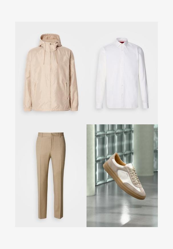 Chaqueta ligera color beige con capucha, que cuenta con cierre completo, dos bolsillos laterales, puños elásticos y un sutil patrón de logo en relieve.; Camisa blanca de manga larga hecha de algodón, con un collar clásico, placket frontal con botones y una textura suave. Detalle interior del collar en rojo.; Pantalones beige a medida con tela texturizada, corte plano y piernas rectas. Cuenta con bolsillos laterales y trabillas para cinturón, ofreciendo un aspecto pulido.; Zapatilla beige y blanca con suela marrón claro y logo "BOSS", suspendida sobre un suelo liso y reflectante con pared de bloques de vidrio al fondo.