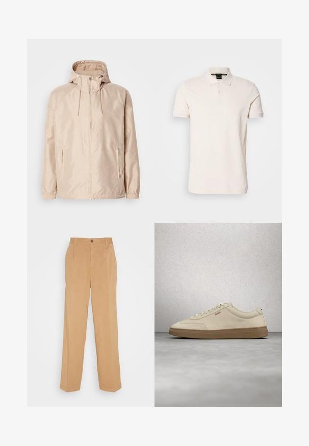 Chaqueta ligera color beige con capucha, que cuenta con cierre completo, dos bolsillos laterales, puños elásticos y un sutil patrón de logo en relieve.; Camisa polo de color crema, hecha de tejido suave, con un cuello clásico, dos botones y un sutil detalle de logotipo en el pecho.; Pantalones de pierna ancha en beige, fabricados con tejido suave, que cuentan con dos bolsillos frontales, un cierre de botón y detalles de pliegues a lo largo de las piernas.; Zapatilla de ante beige claro con suela de goma color caramelo, cordones prominentes y detalles de costura sutiles. Diseño limpio con una estética minimalista.