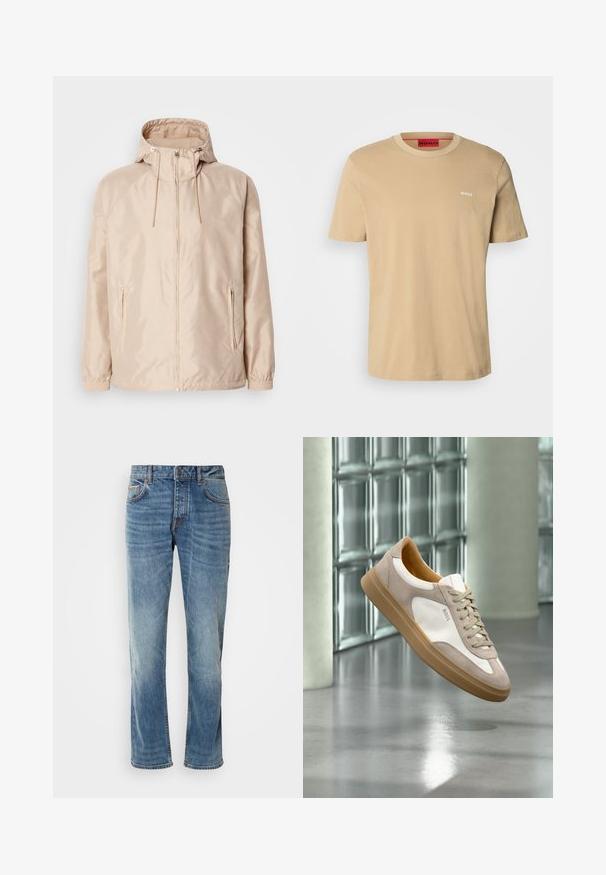 Beige Leichte Jacke mit Kapuze, ausgestattet mit einem durchgehenden Reißverschluss, zwei seitlichen Taschen, elastischen Bündchen und einem subtilen, geprägten Logo-Muster.; Beige Baumwoll-T-Shirt mit Rundhalsausschnitt, kurzen Ärmeln und einem kleinen weißen "HUGO"-Logo auf der Brust. Glatte Textur ohne Muster.; Helle blaue Jeans aus Denim mit geraden Beinen, fünf Taschen, kontrastierenden Nähten und einem abgewetzten Finish. Verfügt über einen Knopf- und Reißverschluss.; Beiger und weißer Sneaker mit brauner Sohle und „BOSS“-Logo, schwebend über einem reflektierenden glatten Boden mit Wand aus Glasbausteinen im Hintergrund.