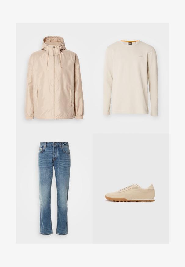 Chaqueta ligera color beige con capucha, que cuenta con cierre completo, dos bolsillos laterales, puños elásticos y un sutil patrón de logo en relieve.; Camiseta de manga larga color beige claro hecha de una tela texturizada. Presenta un cuello redondo y un pequeño logo en el pecho con un acento naranja en el interior del cuello.; Jeans de denim azul claro con piernas rectas, cinco bolsillos, costuras en contraste y un acabado desgastado. Cuenta con un cierre de botón y cremallera.; Zapatillas de ante beige con un diseño aerodinámico, que presentan un upper texturizado, puntera redondeada y una suela de goma con un patrón de zigzag.