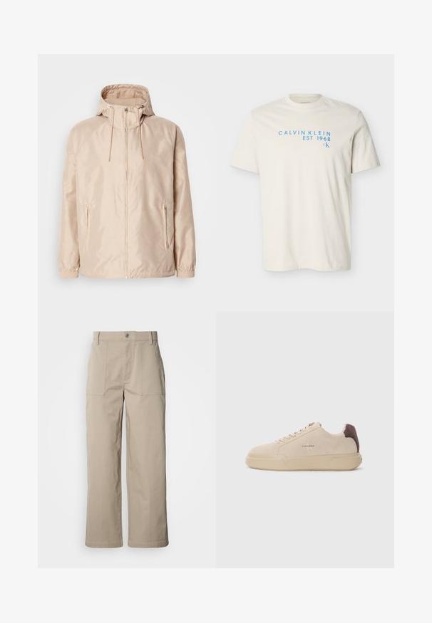 Béžová ľahká bunda s kapucňou, obsahujúca plný zips, dve bočné vrecká, elastické manžety a jemný embosovaný vzor s logom.; Krémové tričko s krátkym rukávom a okrúhlym výstrihom s svetlomodrým nápisom „CALVIN KLEIN EST. 1968“ a malým logom „CK“ na hrudi.; Béžové nohavice s širokými nohavicami z bavlny; majú predné nášivkové vrecká, zapínanie na gombík a viditeľné prešívanie pozdĺž lemov.; Bežové semišové tenisky s okrúhlou špičkou, šnúrkovým uzatváraním vpredu a hnedým semišovým akcentom na podpätku. Obsahujú štruktúrovanú gumovú podrážku.