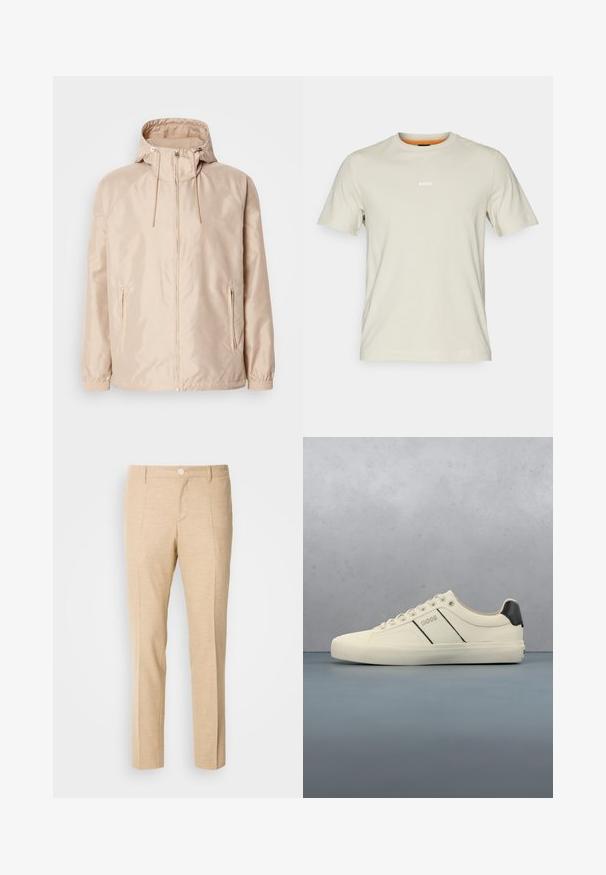 Veste légère beige avec une capuche, dotée d'une fermeture éclair intégrale, de deux poches latérales, de poignets élastiques et d'un subtil motif de logo en relief.; T-shirt en coton beige à manches courtes, col rond et logo "BOSS" blanc sur la poitrine. Texture lisse, coupe décontractée.; Pantalons beiges ajustés en tissu texturé, design à jambes droites, plis avant et fermeture à bouton unique à la taille.; Baskets de couleur crème avec une texture lisse, dotées d'accents et de marquage noirs. Design classique à lacets avec un bout rond et une semelle en caoutchouc.