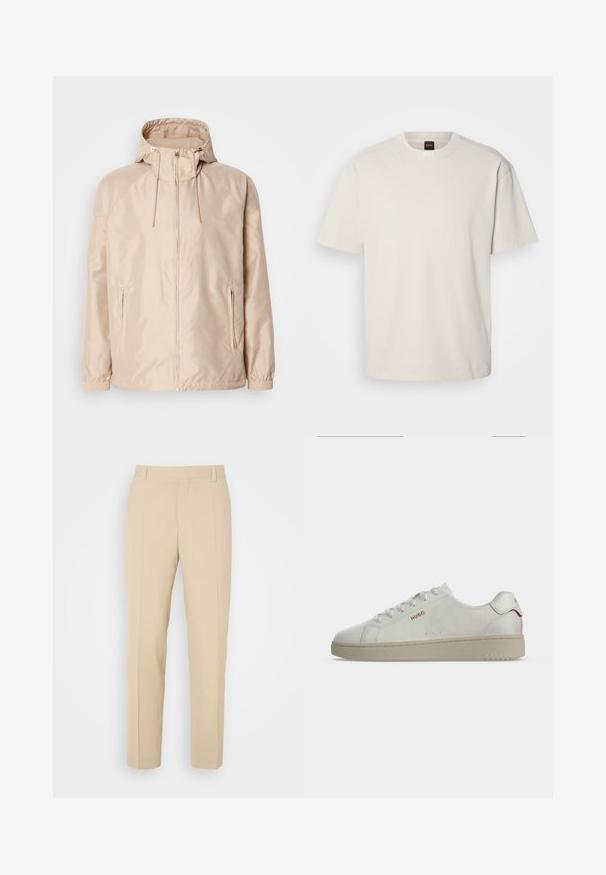 Chaqueta ligera color beige con capucha, que cuenta con cierre completo, dos bolsillos laterales, puños elásticos y un sutil patrón de logo en relieve.; Camiseta de manga corta y cuello redondo en algodón color blanco roto, con un corte recto y un logo minimalista en el cuello. Textura suave, sin patrones.; Pantalones de color beige ajustados con un diseño de pierna recta, elaborados en una tela ligera, que presentan dos bolsillos frontales y pliegues bien planchados.; Zapatilla blanca de caña baja con suela beige, logo dorado "HUGO" en el lateral y detalle rojo en la lengüeta del talón, mostrada en perfil lateral.