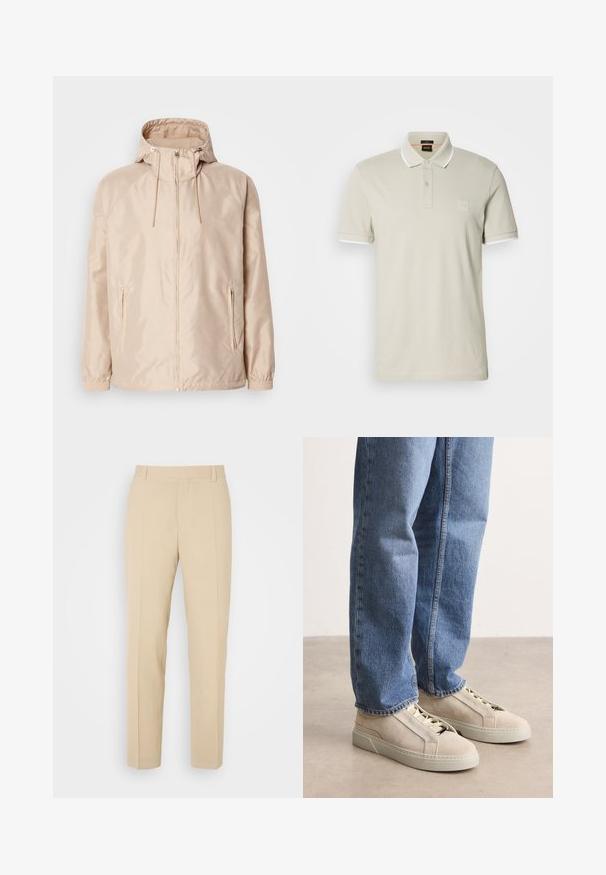 Beige Leichte Jacke mit Kapuze, ausgestattet mit einem durchgehenden Reißverschluss, zwei seitlichen Taschen, elastischen Bündchen und einem subtilen, geprägten Logo-Muster.; Hellbeiges Poloshirt aus Baumwolle. Verfügt über einen klassischen Kragen, eine Zweiknopfleiste und kontrastierende weiße Manschetten. Mit einem Logo-Patch versehen.; Beige maßgeschneiderte Hosen mit geradem Bein, aus leichtem Stoff, mit zwei vorderen Taschen und ordentlich gebügelten Falten.; BOSS GARYTENN_SDHDEL - Sneaker low - natural ten