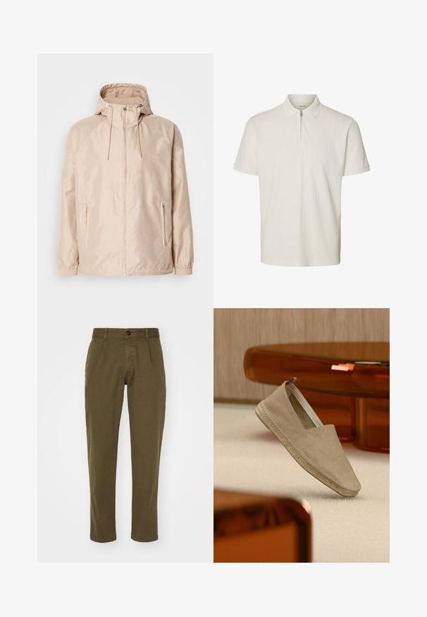 Chaqueta ligera color beige con capucha, que cuenta con cierre completo, dos bolsillos laterales, puños elásticos y un sutil patrón de logo en relieve.; Polo blanco de manga corta con textura acanalada vertical y cierre de cremallera en la parte frontal bajo el cuello.; Pantalones de algodón verde oliva con corte recto, que cuentan con un cierre de botón en la parte delantera, lazos para cinturón y bolsillos laterales. Textura suave.; Alpargata de lona beige con suela tejida y pequeña lengüeta tricolor en el talón, situada sobre una alfombra clara con muebles de tono ámbar al fondo.