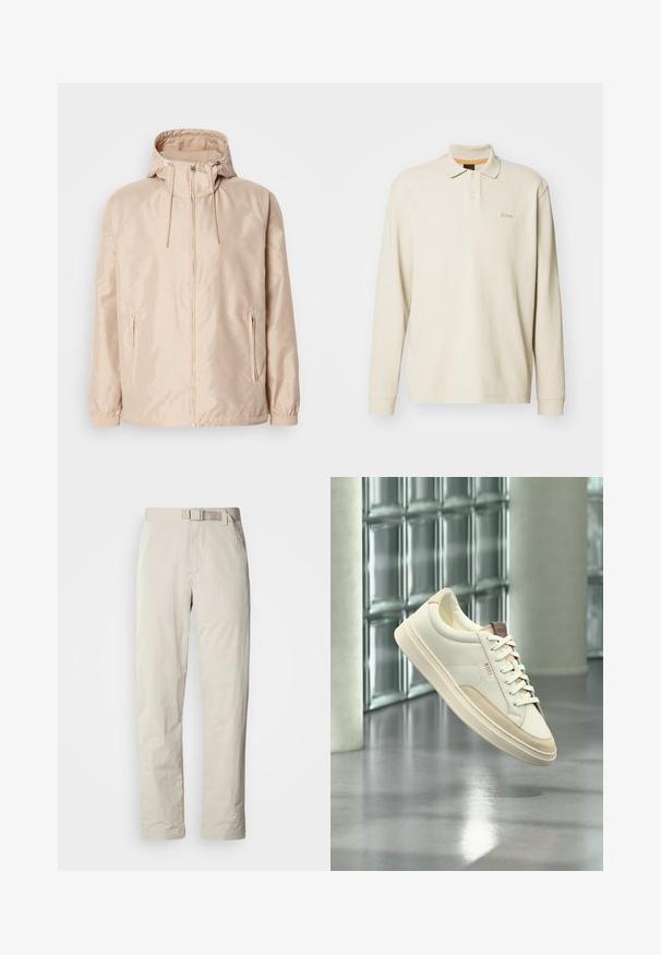 Chaqueta ligera color beige con capucha, que cuenta con cierre completo, dos bolsillos laterales, puños elásticos y un sutil patrón de logo en relieve.; Camisa polo de manga larga en beige claro, con un tejido texturizado, un cuello clásico, dos botones y un sutil logo bordado en el pecho.; Pantalones color beige con diseño de pierna recta, fabricados en una tela ligera. Cuentan con un cinturón incorporado y una textura sutil con un acabado elegante.; Zapatilla blanca de perfil bajo con detalles y cordones beige, con la marca "BOSS", flotando sobre un suelo pulido con una pared de bloques de vidrio al fondo.