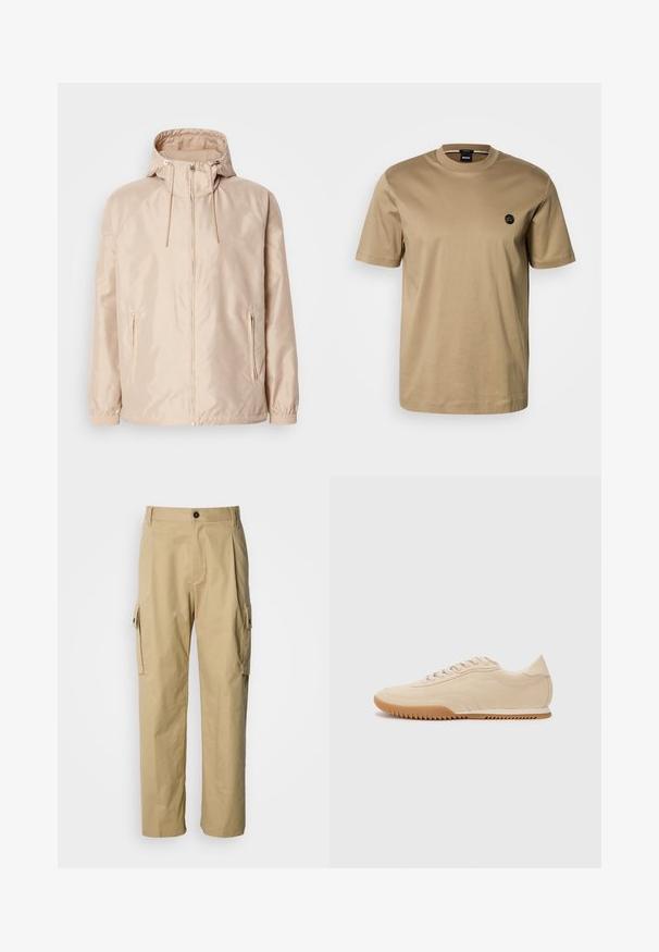 Béžová ľahká bunda s kapucňou, obsahujúca plný zips, dve bočné vrecká, elastické manžety a jemný embosovaný vzor s logom.; Krátke tričko s krátkym rukávom v béžovej farbe vyrobené z bavlny, s okrúhlym výstrihom a malým čiernym logom na ľavom hrudi. Hladká textúra, voľný strih.; Béžové cargo nohavice z odolnej tkaniny, s voľným strihom, bočnými vreckami a zapínaním na gombík v páse.; Béžové semišové tenisky s elegantným dizajnom, ktoré majú štruktúrovaný zvršok, zaoblenú špičku a gumovú podošvu so zigzagovým vzorom.