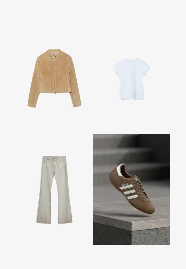 Veste en suède marron clair à manches longues, fermeture éclair à l'avant et col à boutons-pression, présentée à plat sur un fond blanc.; T-shirt uni bleu clair à manches courtes et col rond, étalé à plat sur un fond blanc.; Jean évasé en denim gris clair, avec une fermeture à bouton, cinq poches et des détails de couture subtils le long des coutures.; Baskets Adidas Spezial en daim marron avec des bandes blanches et des lacets, flottant au-dessus d'un rebord en béton gris sur un fond d'escaliers flous.