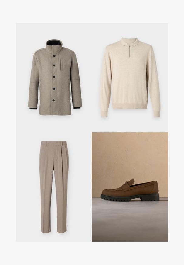 Manteau en laine gris clair avec un col haut, fermeture à boutons sur le devant et une poche latérale. Il a des manches longues et une texture lisse.; Pull-over beige à manches longues avec un col et une fermeture éclair. Fabriqué en matériau doux avec des poignets et un ourlet côtelés.; Pantalon beige sur mesure avec plis devant, passants de ceinture et fermeture dissimulée à l’avant, présenté sur fond blanc.; Mocassin en cuir marron foncé avec semelle épaisse en caoutchouc noir présenté au-dessus d’un tapis beige et d’un canapé en arrière-plan.