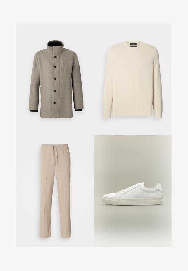 Manteau en laine gris clair avec un col haut, fermeture à boutons sur le devant et une poche latérale. Il a des manches longues et une texture lisse.; Pull en maille beige clair avec col rond, manches longues et un motif texturé subtil. Il comporte un emblème sur la poitrine et un ourlet côtelé.; Pantalons beiges, coupe décontractée, fabriqués en tissu doux, dotés d'une taille élastique avec cordon de serrage et de jambes droites avec des accents minimalistes.; Baskets blanches basses à lacets sur l’avant et semelle épaisse, vues de côté sur un fond neutre.