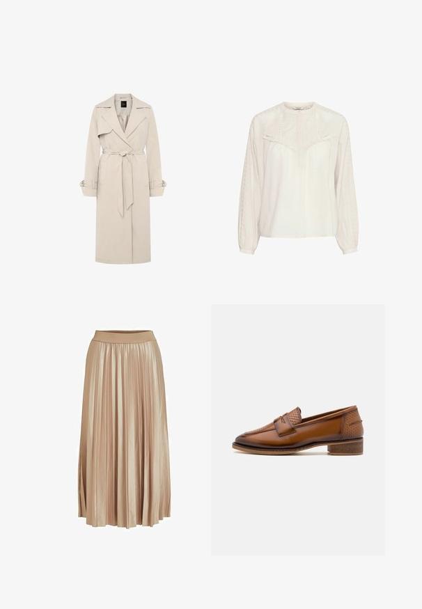 zero MIT BINDEGÜRTEL - Trench - light sand; Blouse en coton blanc à manches longues, col rond et détails brodés. Présente des volants au niveau de la poitrine et des motifs texturés sur les manches.; Jupe midi plissée en satin beige clair. Dotée d'une large taille élastique et de plis verticaux élégants sur toute sa longueur.; Mocassins en cuir marron avec un panneau avant tissé texturé, bout rond et petit talon empilé. Finition lisse avec des détails de couture subtils.