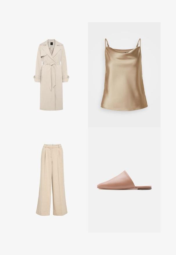 zero MIT BINDEGÜRTEL - Trench - light sand; Camisole en satin beige clair avec de fines bretelles et un décolleté doucement drapé, présentant une texture lisse et brillante.; Pantalons larges beige clair en tissu texturé, avec une taille haute, des plis avant et des poches latérales pour plus de fonctionnalité.; Mule en cuir beige, sans talon, à bout pointu et semelle plate, présenté en profil latéral sur un fond clair uni.