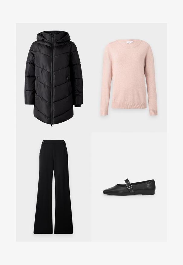 VILA Puffer VIMILJA Hooded - Vinterfrakke - black beauty; Lys pink sweater med rund halsudskæring, lange ærmer og ribbede manchetter og kant. Lavet af blødt stof med en glat tekstur.; Sorte brede bukser med høj talje og dekorative knapper langs de øverste sidesømme, præsenteret på en hvid baggrund.; Sorte læder flade sko med rund tå, et enkelt justerbart spænde og en glat, blank overflade. Minimalistisk design med en lav hæl.
