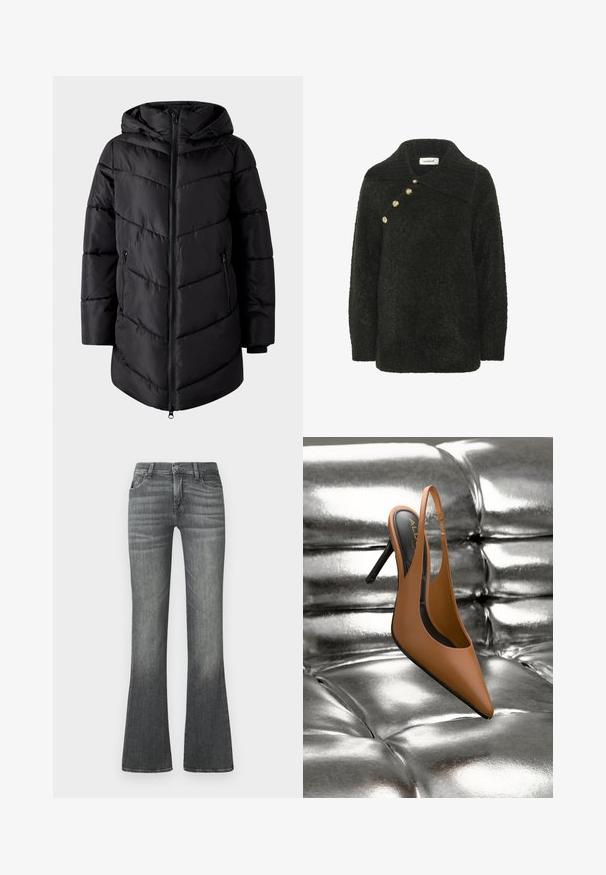 VILA Puffer VIMILJA Hooded - Wintermantel - black beauty; Soaked in Luxury SLAMARIS - Fleecepullover - black; Graue ausgestellte Jeans aus Denim mit einem mittelhohen Bund, subtiler Ausbleichung und klassischem Fünf-Taschen-Design.; Brauner Slingback-Pumps mit hohem Absatz und spitzer Schuhspitze aus glattem Leder, ruhend auf einer glänzenden silbernen Oberfläche. Minimalistisches Design.