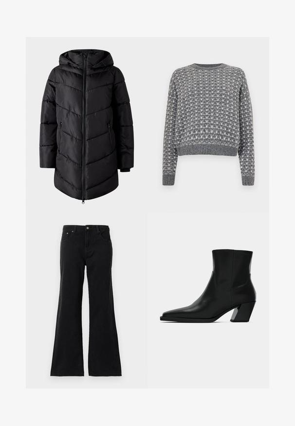 VILA Puffer VIMILJA Hooded - Wintermantel - black beauty; Noisy May NMMAELYS O NECK - Trui - charcoal gray/cloud dancer; Zwarte hoge taille denim jeans met vijf zakken en uitlopende benen, weergegeven op een witte achtergrond.; Zwarte leren enkelboot met een spitse neus, een slanke silhoeet en een chunky vierkante hak. Gladde textuur met minimale stikdetails.