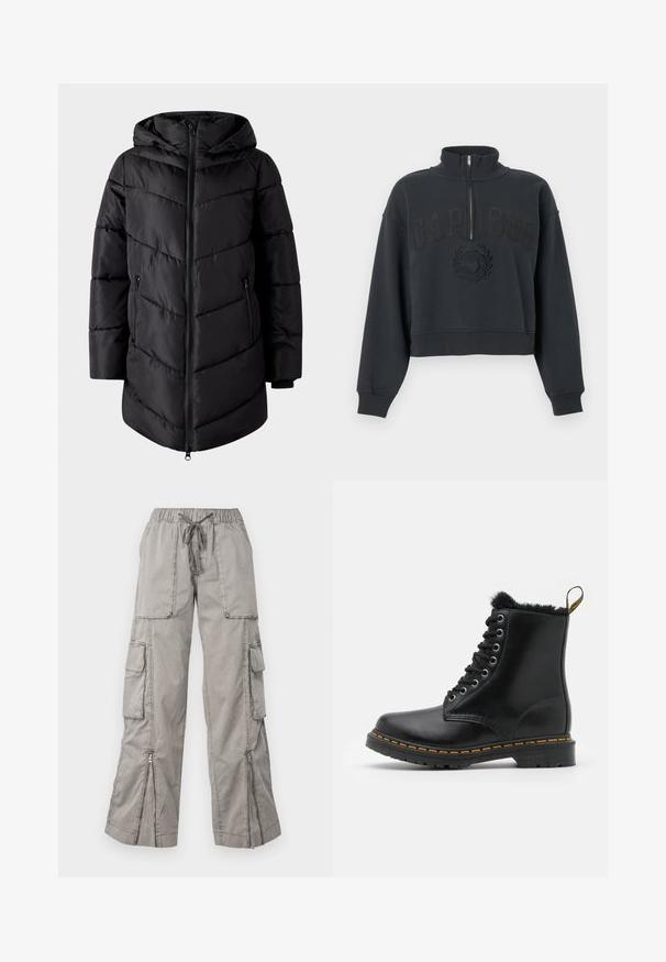 VILA Puffer VIMILJA Hooded - Wintermantel - black beauty; Schwarzes, kurz geschnittenes Sweatshirt mit halbem Reißverschluss am Kragen, langen Ärmeln und geprägt "GAP 1969" Schriftzug sowie Emblem auf der Vorderseite.; Helle graue Cargo-Hosen mit elastischem Bund, verstellbarem Knoten, mehreren seitlichen Taschen und Reißverschlussabschlüssen. Hergestellt aus weichem, leichtem Material.; Schwarze Lederstiefeletten mit einer runden Zehenpartie, Fütterung aus Fell, silbernen Ösen und gelben Nähten entlang der Sohle. Robuste Gummisohle.