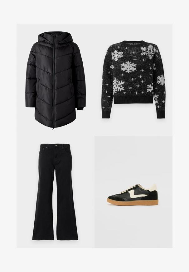 VILA Puffer VIMILJA Hooded - Vinterfrakke - black beauty; Sort sweater med hvide snefnug- og stjernemønstre, lavet i et struktureret stof, rund halsudskæring og ribbede kanter og manchetter.; Sorte højtaljede denimjeans med fem lommer og bredde ben, vist på en hvid baggrund.; Sorte ruskinds- og lædersneakers med en cremefarvet side-swoosh og lys cremefarvet hæl. Har beige snørebånd og en gummirubber-sål.