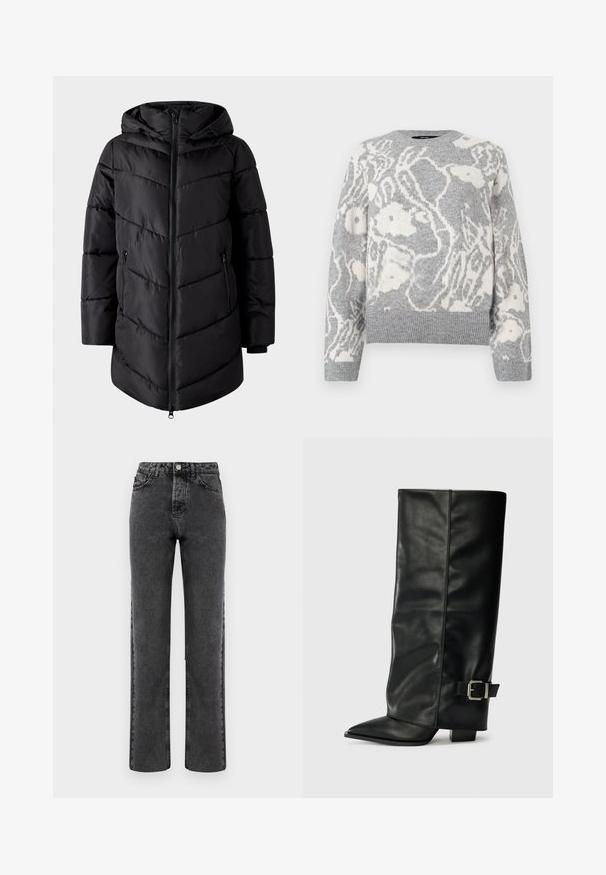 VILA Puffer VIMILJA Hooded - Talvemantel - black beauty; Hallikas kootud sviiter, millel on valge lilleline muster, ümmargune kaelus ning ribad ja alläär, valmistatud pehmest materjalist.; Hallid hallid teksad sirge lõikega, millel on pleekinud viimistlus, viie tasku disain ja nupuga sulgur. Omab klassikalisi õmblusi õmbluste ääres.; Mustad musta nahast pahkluu kingad, millel on terav nina, sile tekstuur ja hõbedane pandlaaksent küljel. Tõmblukuga suur ruudukujuline konts.