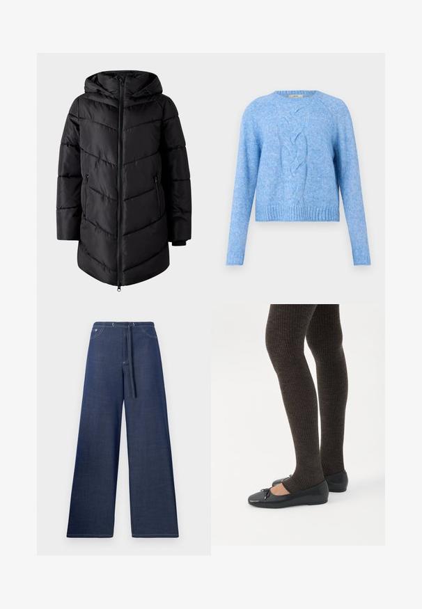 VILA Puffer VIMILJA Hooded - Vinterfrakke - black beauty; Lyseblå strikket sweater med lange ærmer og et centralt flettet kabelstrik mønster, ribbede manchetter og kant.; Bredde ben denim bukser i mørkeblå, med en snoretræk i taljen, forlommer og kontrasterende hvide sømdetaljer.; Ben iført mørke ribbede leggings kombineret med sorte balletsko med små sløjfedetaljer på hvid baggrund.