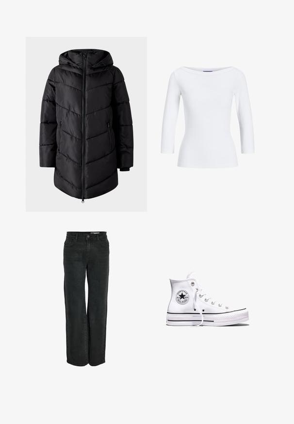VILA Puffer VIMILJA Hooded - Wintermantel - black beauty; Witte geribbelde longsleeve top met een bootnek. De stof is soepel, aansluitend en heeft een nette afwerking bij de mouwen en de zoom.; Zwarte wijde spijkerbroek van denim, met een klassiek vijf-pocket ontwerp en een ritssluiting met knoopsluiting. Soepele textuur.; Witte Converse Chuck Taylor All Star sneaker met hoge schacht, zwarte strepen en logo-patch aan de zijkant, weergegeven tegen een effen witte achtergrond.