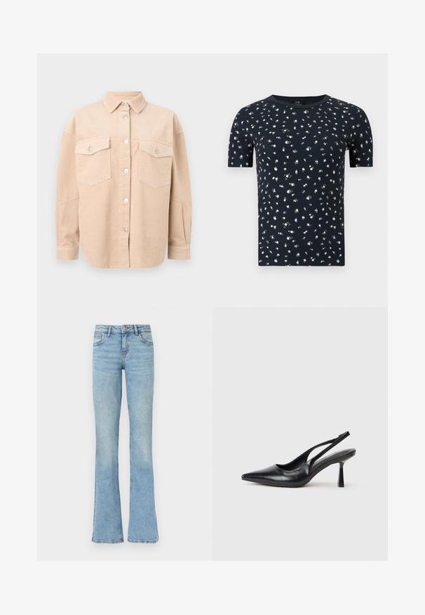 Chemise beige en velours côtelé avec boutons, manches longues, deux poches poitrine à rabats boutonnés et col classique.; T-shirt bleu marine à manches courtes avec un petit motif floral blanc et un col rond sur un fond uni.; Jean en denim bleu clair avec une taille haute et des jambes évasées, doté de poches avant, passants pour ceinture et fermeture par bouton.; Chaussure à talon haut en cuir noir, à bride arrière, avec un bout pointu et un talon fin sur fond blanc.