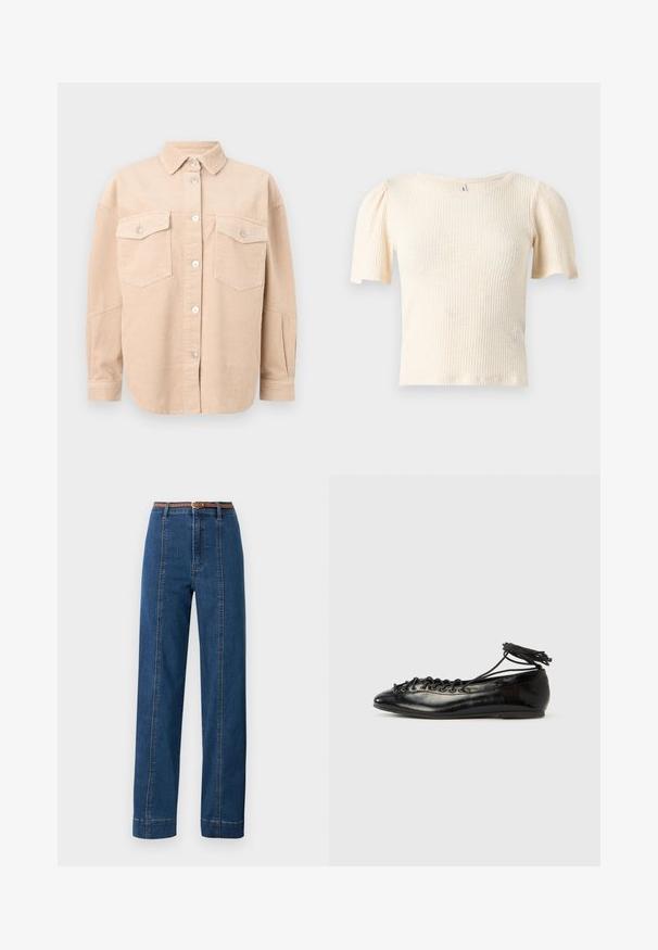 Chemise beige en velours côtelé avec boutons, manches longues, deux poches poitrine à rabats boutonnés et col classique.; Haut à manches courtes côtelées de couleur beige clair. Texture douce avec une coupe ajustée et des manches bouffantes légères, doté d'un col rond.; Jean en denim bleu foncé avec une coupe droite, taille haute et une ceinture tressée marron. Présente des coutures contrastées le long des coutures latérales.; Ballerines en cuir verni noir avec un bout rond, un design à lacets et une semelle plate. Texture lisse avec peu de détails.