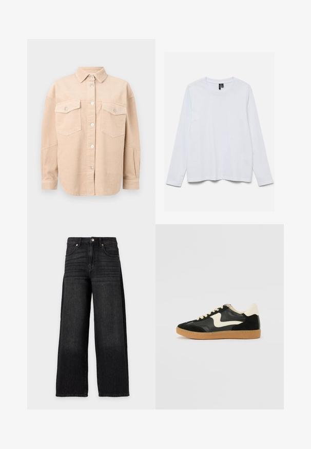 Chemise beige en velours côtelé avec boutons, manches longues, deux poches poitrine à rabats boutonnés et col classique.; T-shirt blanc uni à manches longues et col rond avec des étiquettes de taille et de marque noires à l'intérieur du col, présenté à plat sur un fond blanc.; Jean noir à jambes larges, taille haute, fermeture à bouton et zip, poches avant et détails subtilement délavés.; Baskets en daim et cuir noir avec un swoosh latéral crème et un talon crème clair. Dotées de lacets beige et d'une semelle en caoutchouc gomme.