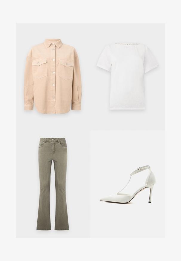 Chemise beige en velours côtelé avec boutons, manches longues, deux poches poitrine à rabats boutonnés et col classique.; T-shirt blanc à manches courtes avec un col rond orné d'une rangée de perles décoratives le long du col.; Jean droit vert olive avec fermeture à boutons sur le devant, passants pour ceinture et design cinq poches, présenté sur un fond uni.; Escarpin blanc à bout pointu avec fine bride de cheville et boucle, finition lisse et talon stiletto fin sur un fond uni.