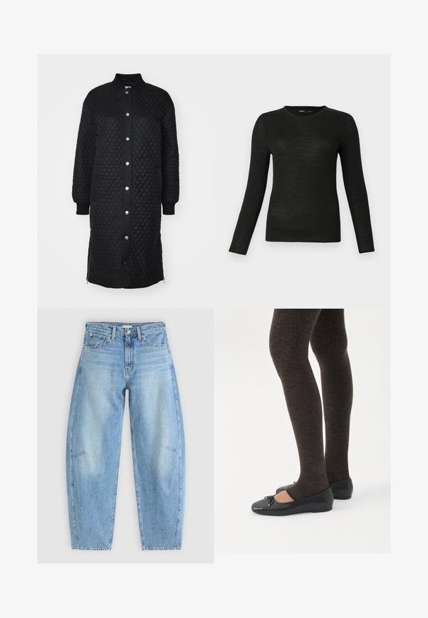 Zwarte gewatteerde lange jas met een rits aan de voorkant, drukknoopsluiting, rib gebreide manchetten, zijzakken en een ruitpatroon textuur.; Zwarte slim fit sweater met lange mouwen en ronde hals, met een gladde textuur, weergegeven op een effen lichtgrijze achtergrond.; Lichtblauwe denim jeans met een relaxte pasvorm, met een hoge taille, rechte pijpen en subtiele stiksels op de voorzakken.; Benen met donkere geribbelde leggings gecombineerd met zwarte ballerina's met kleine strikdetails op een witte achtergrond.