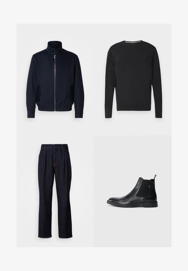 Marineblaue Jacke mit hohem Kragen, Vorderreißverschluss, seitlichen Taschen und gerippten Bündchen. Glatte Textur mit einem dezenten Logodetail auf der Brust.; Schwarzer Pullover mit langen Ärmeln und Rundhalsausschnitt, dezentes "BOSS"-Logo auf der Brust, gerippte Bündchen und Saum, vor weißem Hintergrund dargestellt.; Dunkelblaue weit geschnittene Jeans mit vorderen Falten und orangen Nähten, auf weißem Hintergrund gezeigt.; Schwarze Leder Chelsea-Boots mit elastischen seitlichen Einsätzen, einer Zugschlaufe und einer flachen Gummisohle. Glatte Textur mit minimaler Ausgestaltung.