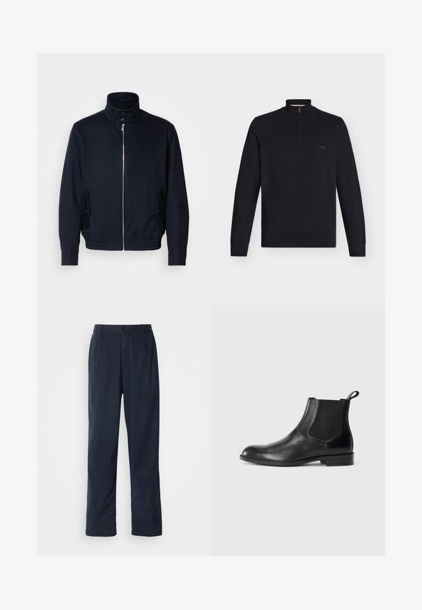 Marineblaue Jacke mit hohem Kragen, Vorderreißverschluss, seitlichen Taschen und gerippten Bündchen. Glatte Textur mit einem dezenten Logodetail auf der Brust.; Schwarzer langärmeliger Strickpullover mit halbem Reißverschlusskragen, gerippten Bündchen, Saum und kleinem "BOSS"-Logo auf der linken Brust.; Marineblaue Hose aus Baumwollmischung. Verfügt über einen geraden Schnitt, einen vorderen Knopfverschluss und dezente Falten. Glatte Textur.; Schwarze Leder-Stiefelette mit elastischen Seiteneinsätzen, abgerundeter Zehenpartie und einem Zugschlauf. Glatte Textur, flache Sohle, minimalistisches Design.