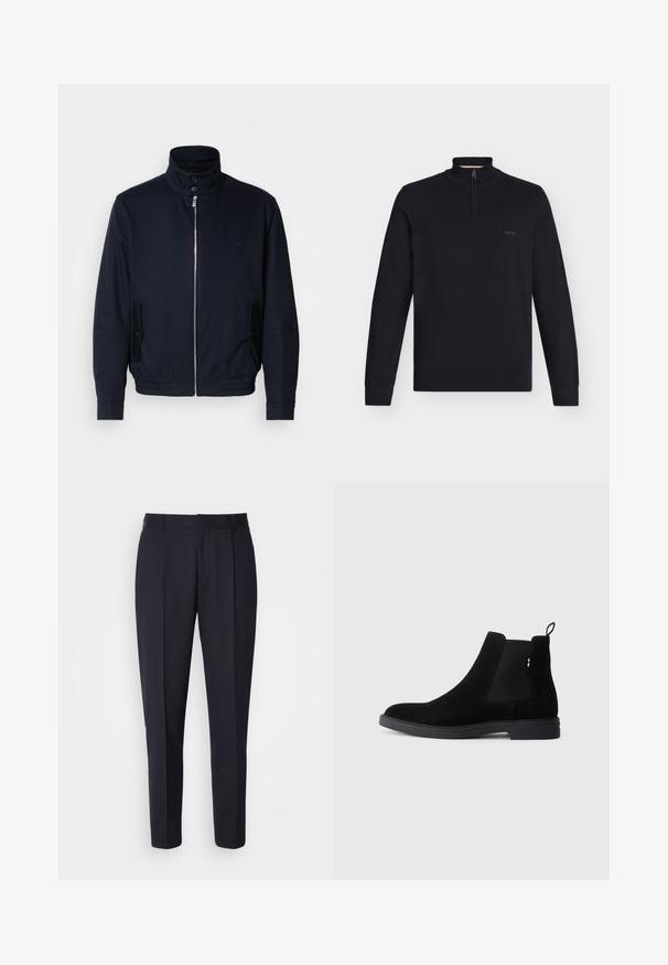 Námořnická modrá bunda s vysokým límcem, předním zipem, bočními kapsami a žebrovanými manžetami. Hladká textura s jemným logem na hrudi.; Čierny dlhý pletený sveter s polovičným zipsom na golieri, rebrované manžety, lem a malá značka „BOSS“ na ľavej strane hrude.; BOSS PERIN - Nohavice - navy; Čierne semišové Chelsea topánky s elastickými bočnými panelmi, okrúhlou špičkou a nízkou gumovou podrážkou. Obsahujú pútko na zadnej strane pre jednoduché obúvanie.