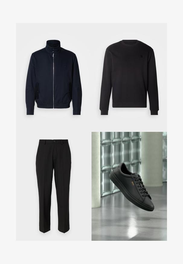 Marineblå jakke med høj krave, frontlynlås, sidelommer og ribstrikkede manchetter. Glat tekstur med en diskret logo detaljer på brystet.; Sort crewneck sweatshirts lavet af blødt stof, med ribbede manchetter og kant, samt et lille sort logo patch på brystet.; Sorte bukser lavet af glat stof, med lige ben design, forlommer, en enkelt knaplukning, og uden synlige mønstre.; Sort lavtopet lædersneaker med sorte snørebånd og gyldent BOSS-logo på siden, svævende over en blank grå gulv i et moderne indendørs rum.