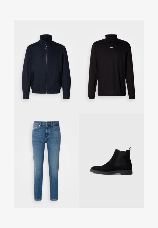Marineblauwe jas met hoge kraag, voorsluiting met rits, zijzakken en ribgebreide manchetten. Gladde textuur met een subtiele logo-detail op de borst.; Zwarte turtleneckshirt met lange mouwen, gemaakt van soepel materiaal, met een witte "HUGO" logo op de borst, en met aansluitende manchetten en zoom.; Lichtblauwe denim jeans met een rechte pasvorm, traditionele vijf-pocket stijl, metalen knoopsluiting en subtiele vervaging aan de voorkant.; Zwarte suède Chelsea laarzen met elastische zijpanelen, ronde neus en een lage rubberen zool. Beschikt over een trekband aan de achterkant voor eenvoudig aan- en uittrekken.