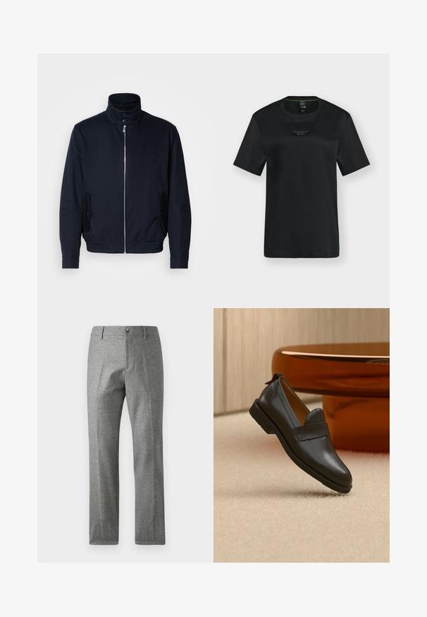 Marineblå jakke med høj krave, frontlynlås, sidelommer og ribstrikkede manchetter. Glat tekstur med en diskret logo detaljer på brystet.; Sort T-shirt med korte ærmer og rund hals, med "PORSCHE BOSS"-logo i mørkt tryk på brystet og en grøn inderkravestribe.; Grå teksturerede bukser med lige ben-design, der har en frontknap og lynlås lukning. Diskret hørfiskebensmønster.; Sort læderloafer med lav hæl svævende over beige tæppe ved siden af et blankt ravfarvet bord i et minimalistisk rum.