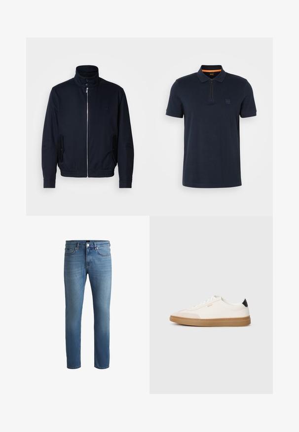 Marineblauwe jas met hoge kraag, voorsluiting met rits, zijzakken en ribgebreide manchetten. Gladde textuur met een subtiele logo-detail op de borst.; Marine polo shirt met een ritskraag, voorzien van een kleine logo patch op de borst en korte mouwen. Gemaakt van een katoenmix met een soepele textuur.; Lichtblauwe denim jeans met een regular fit, voorzien van een gladde textuur, een vijf-pocket design en een ritssluiting met knoop. ; Witte sneakers met beige accenten, bovenwerk van glad leer, ronde neus en rubberen gumzool, met een zwarte hieltab en subtiele branding.