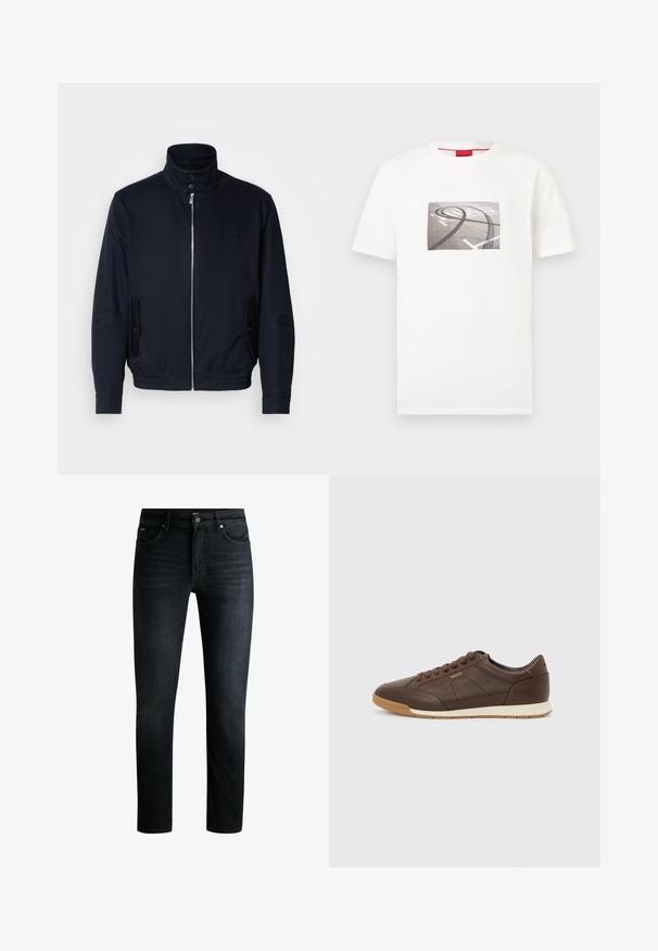 Marineblå jakke med høj krave, frontlynlås, sidelommer og ribstrikkede manchetter. Glat tekstur med en diskret logo detaljer på brystet.; Hvid T-shirt med korte ærmer og et centralt tryk, der viser sorte dækspor på asfalt med hvide vejmarkeringer.; Mørke denim jeans med slim fit, der har fem lommer, knaplukning og subtil fading for tekstur. Ingen synlig branding på forsiden.; Brun lavtop sneakers i læder med gummisål, snørelukning og "BOSS" logo på siden mod en ensartet lys baggrund.