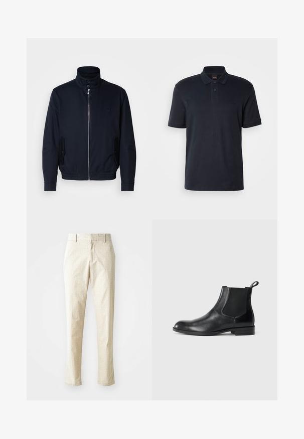 Marineblaue Jacke mit hohem Kragen, Vorderreißverschluss, seitlichen Taschen und gerippten Bündchen. Glatte Textur mit einem dezenten Logodetail auf der Brust.; Navyblaues Poloshirt aus Baumwolle, mit klassischem Kragen, kurzen Ärmeln und einem dezenten Logo auf der Brust. Glatte Textur.; Hellbeige maßgeschneiderte Hose mit strukturiertem Muster, geradem Beinanschnitt und mittelhoher Taille, mit Gürtelschlaufen und ohne sichtbare Taschen.; Schwarze Leder-Stiefelette mit elastischen Seiteneinsätzen, abgerundeter Zehenpartie und einem Zugschlauf. Glatte Textur, flache Sohle, minimalistisches Design.