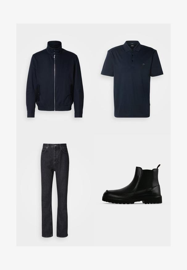 Marineblaue Jacke mit hohem Kragen, Vorderreißverschluss, seitlichen Taschen und gerippten Bündchen. Glatte Textur mit einem dezenten Logodetail auf der Brust.; Marineblaue Poloshirt aus weicher Baumwolle, mit einer Knopfleiste mit drei Knöpfen, kurzen Ärmeln und einem kleinen Logo auf der Brust.; Hochtaillierte schwarze Jeans aus Denim mit Knopf- und Reißverschluss, Vorder- und Hintertaschen sowie einer geraden Passform.; Schwarzer Lederknöchelstiefel mit strukturierter Sohle, elastischen Seitenteilen und Zuglasche vor einem hellgrauen Hintergrund.