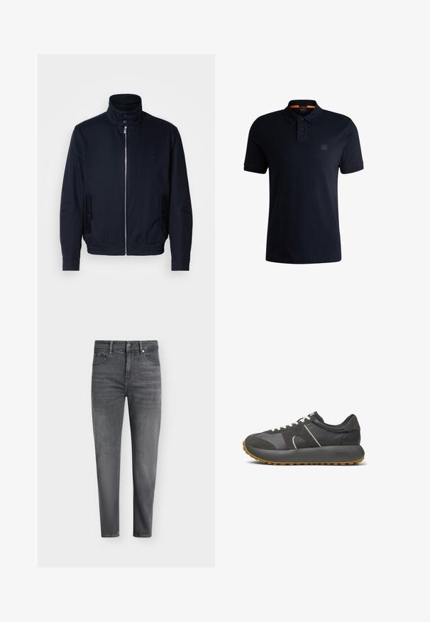 Marineblaue Jacke mit hohem Kragen, Vorderreißverschluss, seitlichen Taschen und gerippten Bündchen. Glatte Textur mit einem dezenten Logodetail auf der Brust.; Dunkelblaues Polohemd aus Baumwolle mit einem Zweiknopfverschluss, kurzen Ärmeln und einem kleinen Logopatch auf der Brust. Glatte Textur.; Dunkelgraue Slim-Fit-Jeans mit vorderem Knopf und Reißverschluss, Gürtelschlaufen und sichtbaren vorderen Taschen auf weißem Hintergrund.; Grauer Sportschuh aus einer Mischung von Leder und Wildleder, mit einer dicken Gummisohle, weißen Schnürsenkeln und dezentem Branding auf der Ferse.
