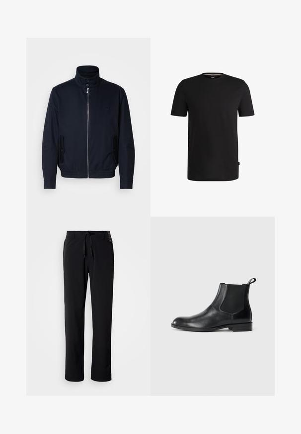 Marineblaue Jacke mit hohem Kragen, Vorderreißverschluss, seitlichen Taschen und gerippten Bündchen. Glatte Textur mit einem dezenten Logodetail auf der Brust.; Schwarzes T-Shirt mit kurzen Ärmeln aus weicher Baumwolle und rundem Halsausschnitt. Verfügt über ein dezentes Markenlabel auf der linken Seite nahe dem Saum.; Schwarze, leichte Hose mit geradem Bein. Verfügt über einen Tunnelzugbund und eine glatte Textur. Geeignet für legere Kleidung.; Schwarze Leder-Stiefelette mit elastischen Seiteneinsätzen, abgerundeter Zehenpartie und einem Zugschlauf. Glatte Textur, flache Sohle, minimalistisches Design.
